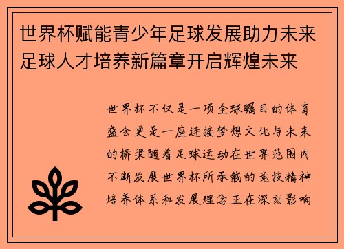 世界杯赋能青少年足球发展助力未来足球人才培养新篇章开启辉煌未来